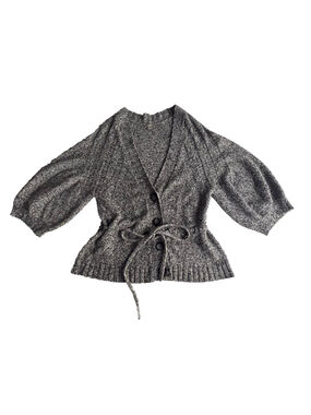 J Jill Cotton Blend Cardigan Puff Sleeve M Button Up Waist Tie Peplum Sweater